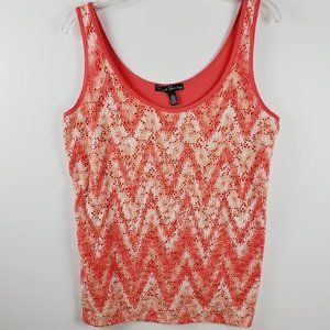 French Laundry Sleeveless Coral-Pink Top With White & Coral Front Lace Sz L